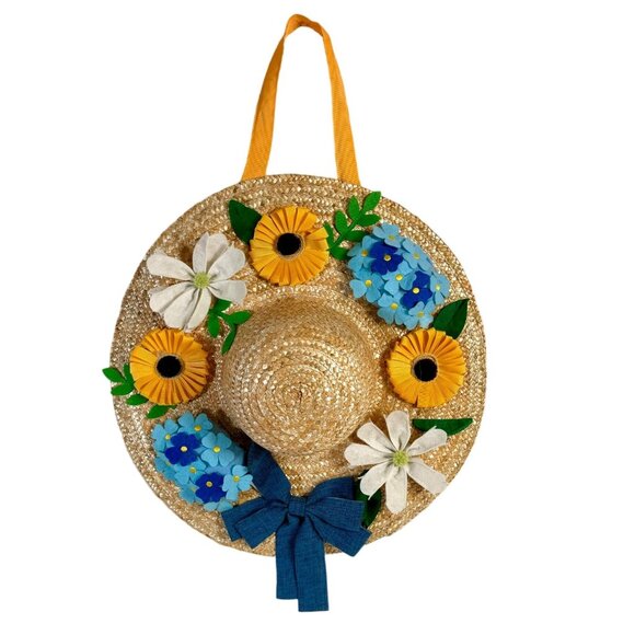 Easter Bonnet Door Decorative Wreath Spring Summer Straw Hat Floral Accents Bow - Picture 1 of 12